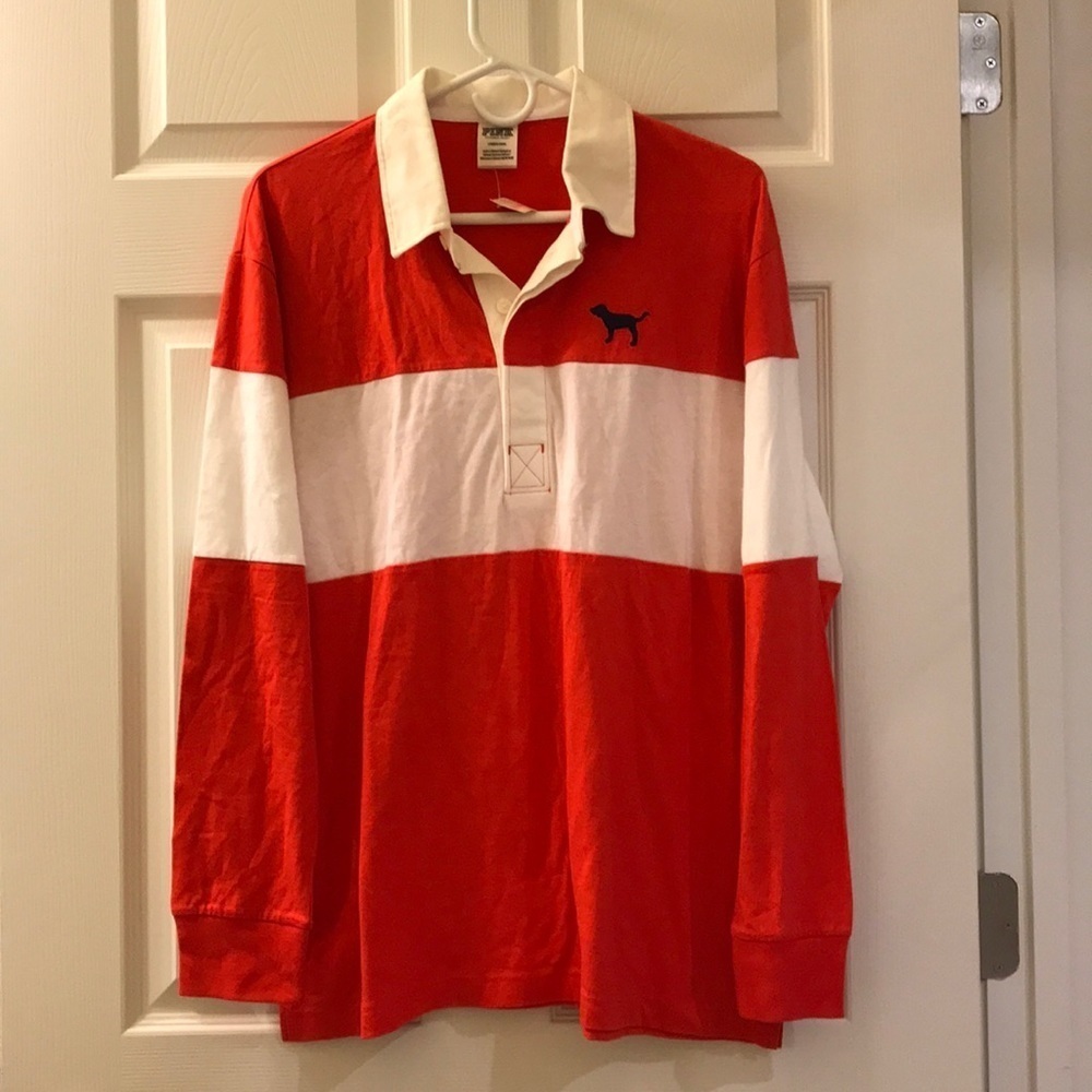 PINK Victoria's Secret Red and White Striped Rugby Shirt